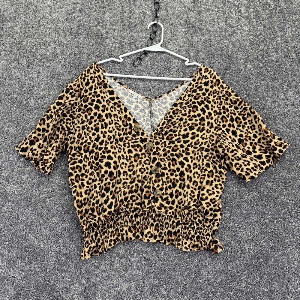 Maurices Top Womens XL Brown Leopard Cropped Short Sleeve Summer Casual Blouse